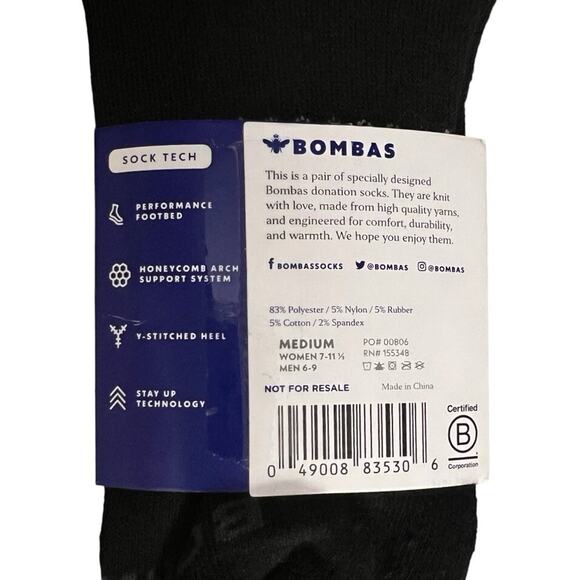 Bombas Socks Mens Black Orginal Half Calf Honeycomb Arch Support Medium - Picture 4 of 4